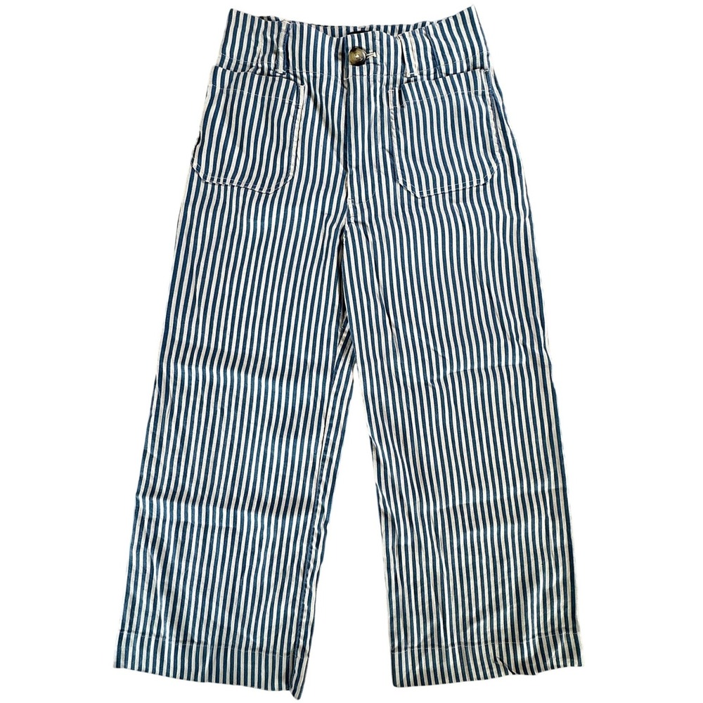 Maeve Anthropologie The Colette Blue White Stripe Linen Wide Leg Crop Pants 27 - Picture 4 of 7